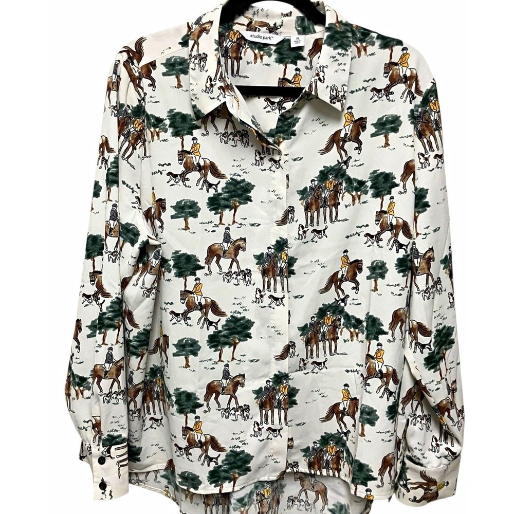 Western Equestrian Horse Novelty Buttonup LongSleeve Shirt Blouse Studio Park XL